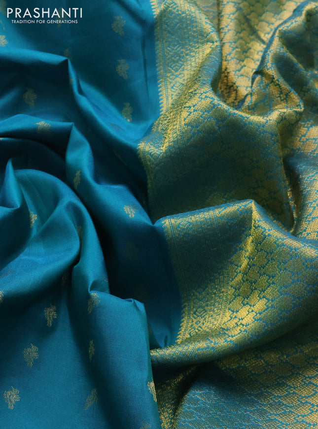 Pure kanchipuram silk saree teal blue with allover zari woven buttas and rich zari woven border