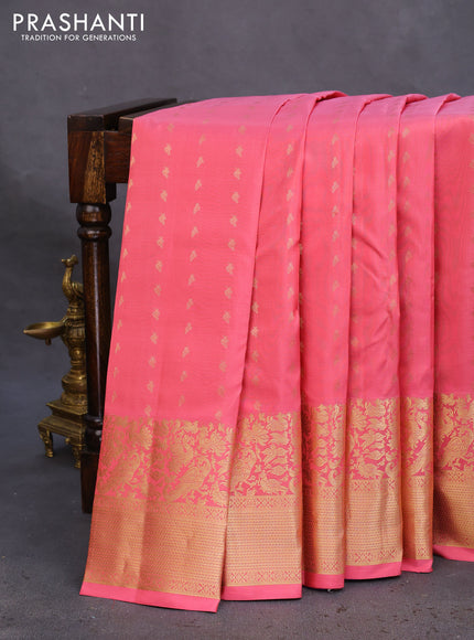 Pure kanchipuram silk saree peach pink and violet with allover zari woven buttas and rich zari woven border