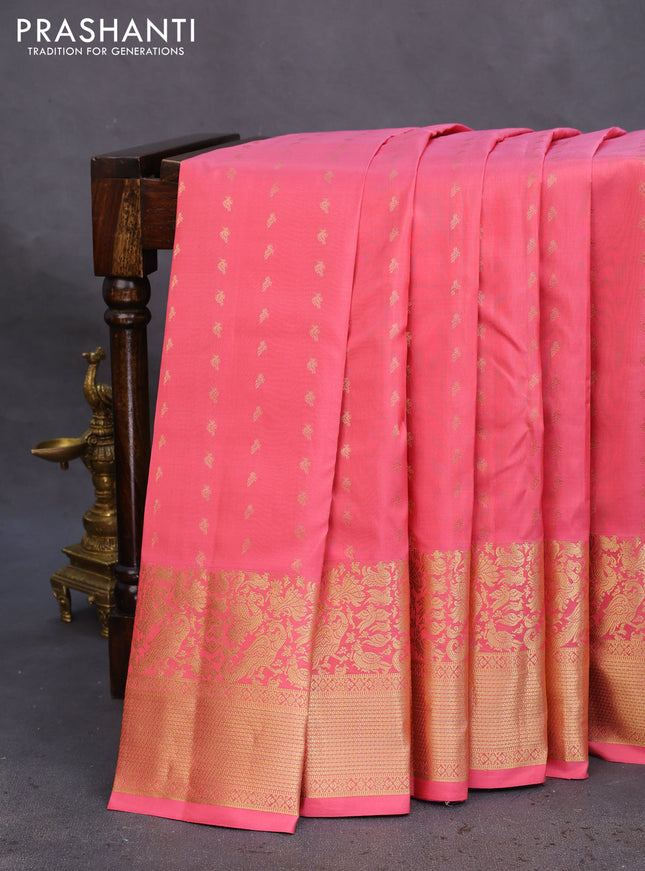 Pure kanchipuram silk saree peach pink and violet with allover zari woven buttas and rich zari woven border