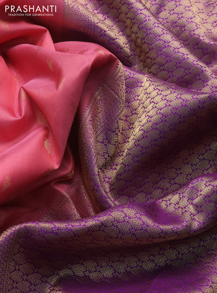 Pure kanchipuram silk saree peach pink and violet with allover zari woven buttas and rich zari woven border