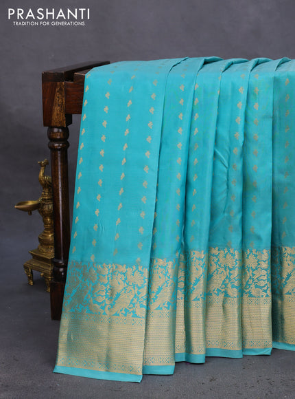 Pure kanchipuram silk saree teal blue and violet with allover zari woven buttas and rich zari woven border