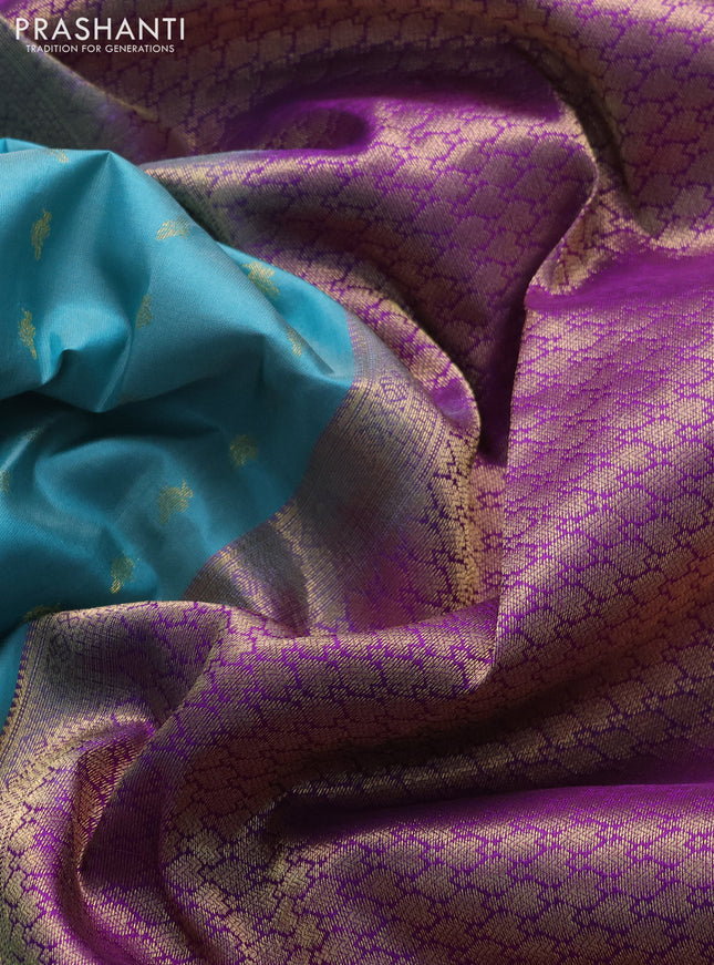 Pure kanchipuram silk saree teal blue and violet with allover zari woven buttas and rich zari woven border