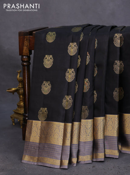 Pure kanchipuram silk saree black and grey with annam zari woven buttas and zari woven border