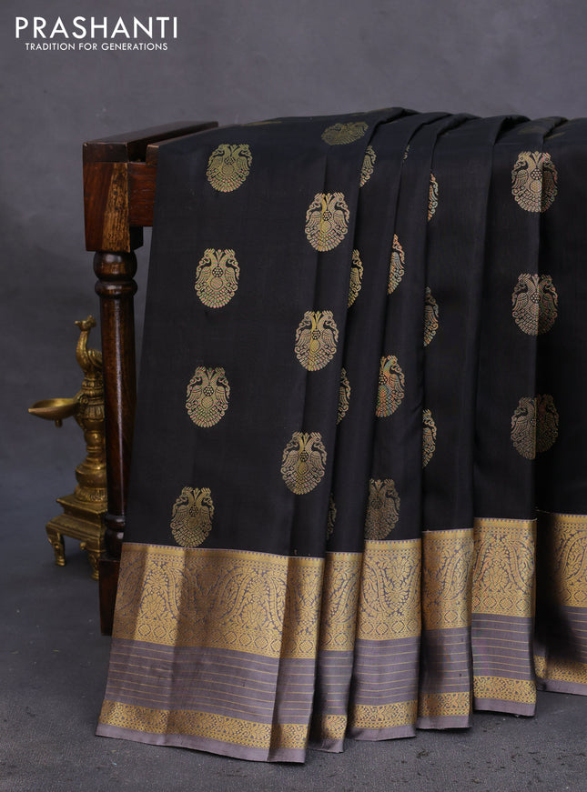 Pure kanchipuram silk saree black and grey with annam zari woven buttas and zari woven border