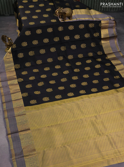 Pure kanchipuram silk saree black and grey with annam zari woven buttas and zari woven border