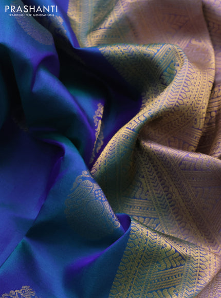 Pure kanchipuram silk saree dual shade of bluish green and lavender with annam zari woven buttas and zari woven border