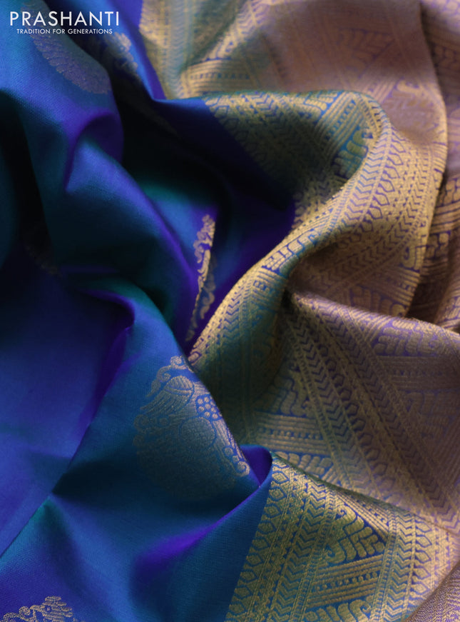Pure kanchipuram silk saree dual shade of bluish green and lavender with annam zari woven buttas and zari woven border