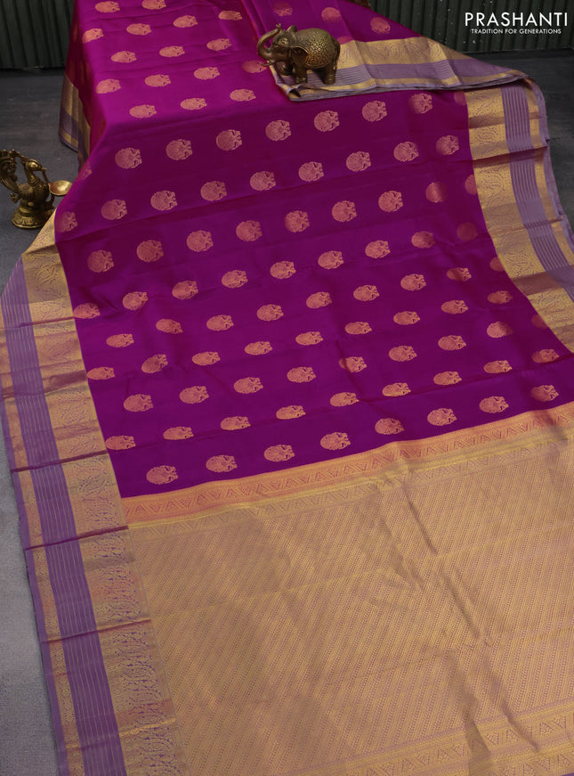 Pure kanchipuram silk saree purple and dual shade of grey with annam zari woven buttas and zari woven border