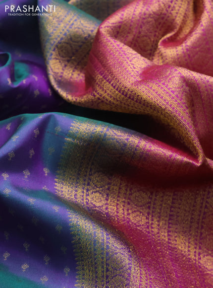 Pure kanchipuram silk saree dual shade of teal green and purple with allover zari woven 1000 buttas and rettapet zari woven border