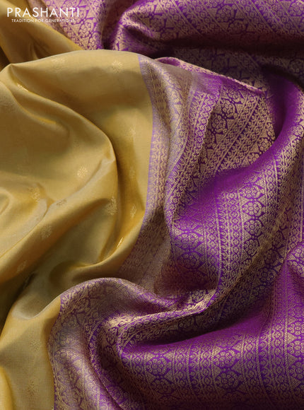 Pure kanchipuram silk saree pale yellow and violet with zari woven buttas and zari woven border