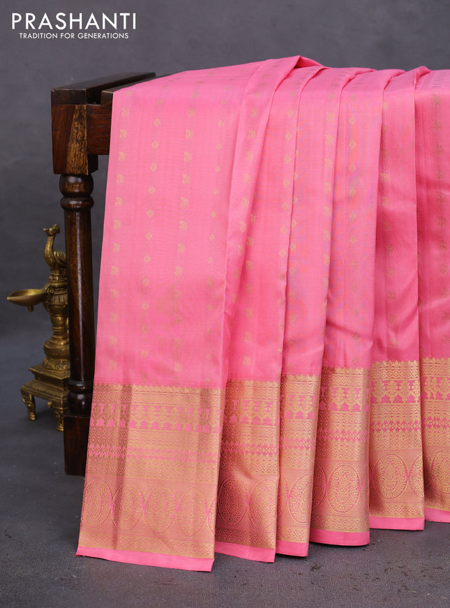 Pure kanchipuram silk saree peach pink and violet with zari woven buttas and zari woven border