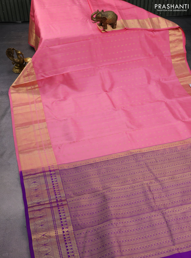 Pure kanchipuram silk saree peach pink and violet with zari woven buttas and zari woven border