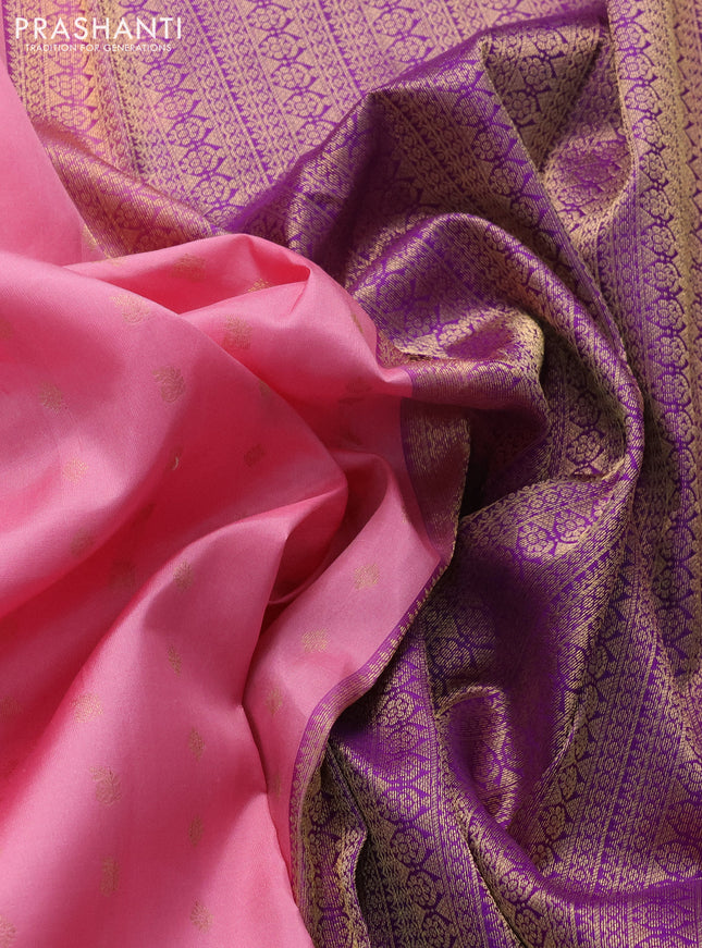 Pure kanchipuram silk saree peach pink and violet with zari woven buttas and zari woven border