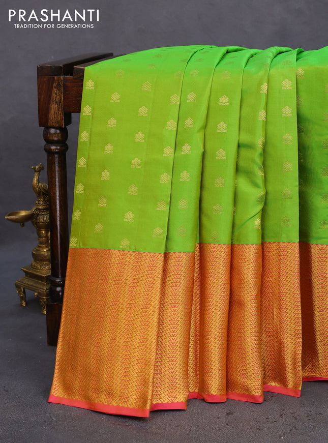 Pure kanchipuram silk saree parrot green and dual shade of pink with zari woven buttas and zari woven border