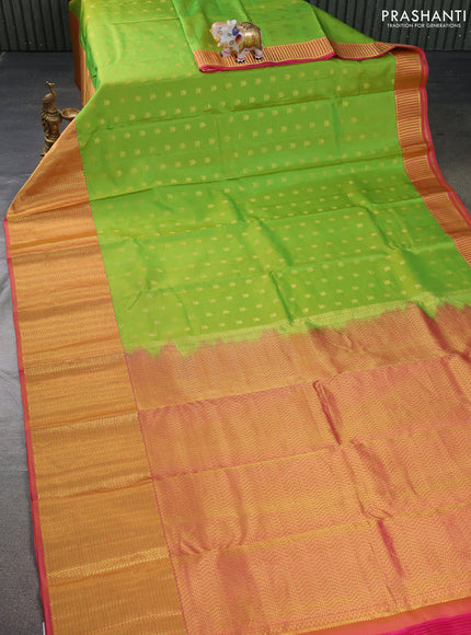 Pure kanchipuram silk saree parrot green and dual shade of pink with zari woven buttas and zari woven border