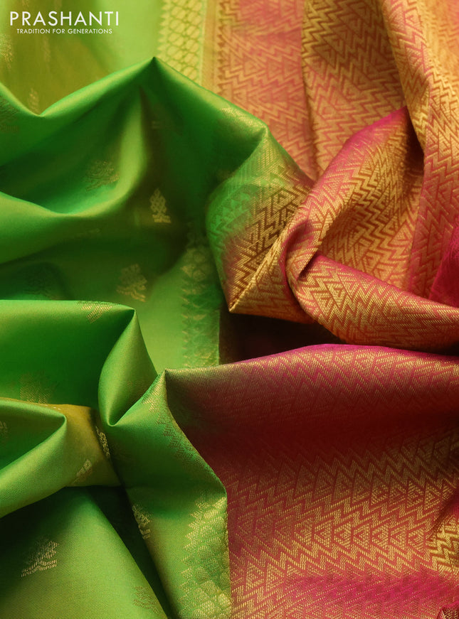 Pure kanchipuram silk saree parrot green and dual shade of pink with zari woven buttas and zari woven border