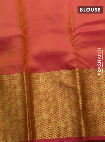 Pure kanchipuram silk saree parrot green and dual shade of pink with zari woven buttas and zari woven border