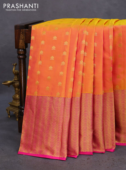 Pure kanchipuram silk saree dual shade of yellow and pink with zari woven buttas and zari woven border