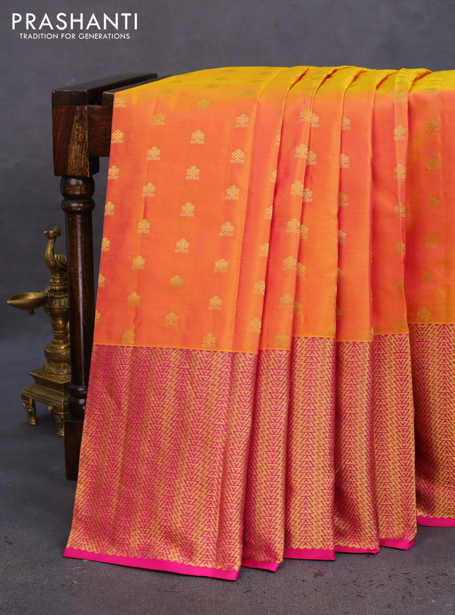 Pure kanchipuram silk saree dual shade of yellow and pink with zari woven buttas and zari woven border