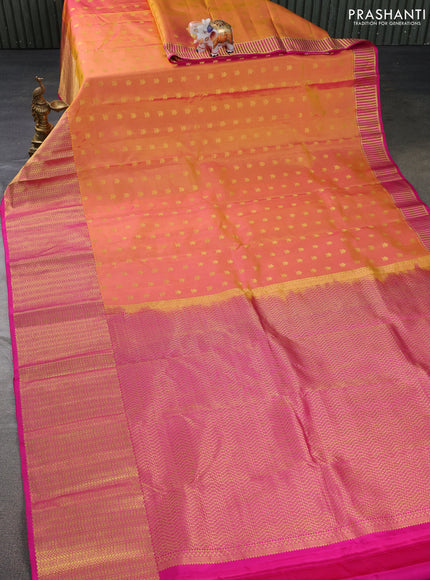 Pure kanchipuram silk saree dual shade of yellow and pink with zari woven buttas and zari woven border