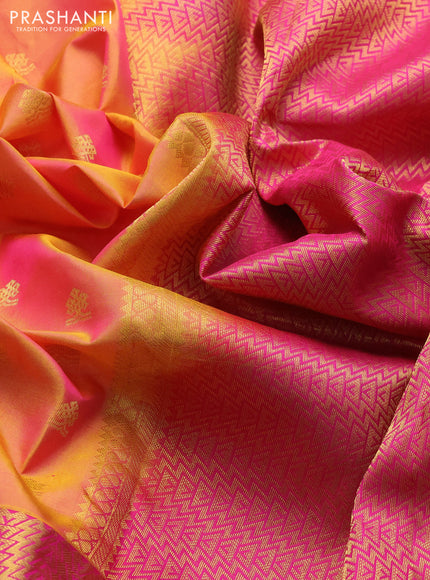 Pure kanchipuram silk saree dual shade of yellow and pink with zari woven buttas and zari woven border