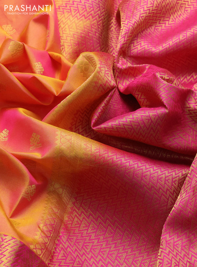 Pure kanchipuram silk saree dual shade of yellow and pink with zari woven buttas and zari woven border