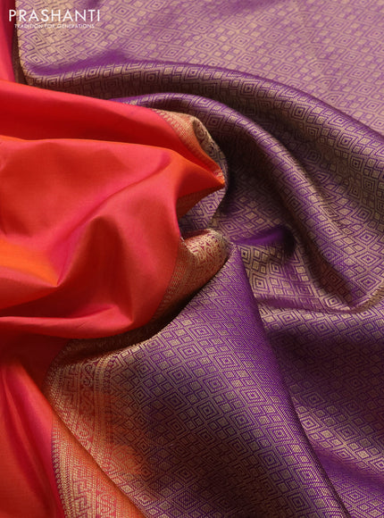 Pure kanchipuram silk saree dual shade of pinkish orange and violet with plain body and temple design zari woven border