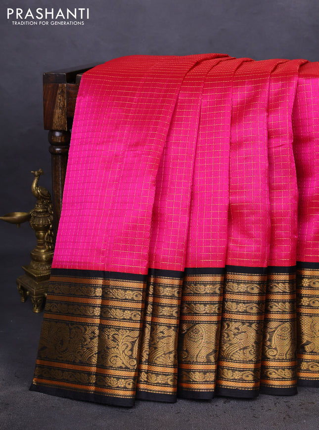 Kuppadam silk cotton saree dark pink and black with allover zari checked pattern and long zari woven border