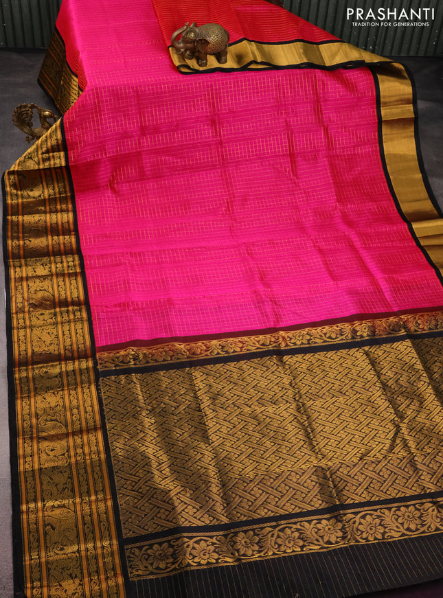 Kuppadam silk cotton saree dark pink and black with allover zari checked pattern and long zari woven border