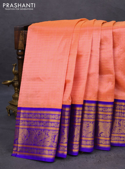 Kuppadam silk cotton saree peach orange and blue with allover zari checked pattern and long zari woven border
