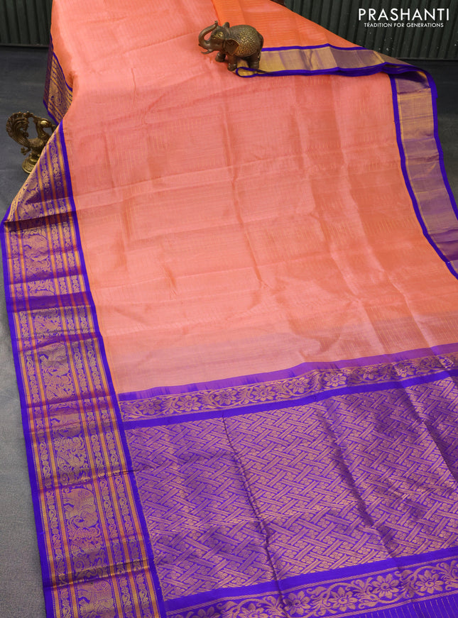 Kuppadam silk cotton saree peach orange and blue with allover zari checked pattern and long zari woven border
