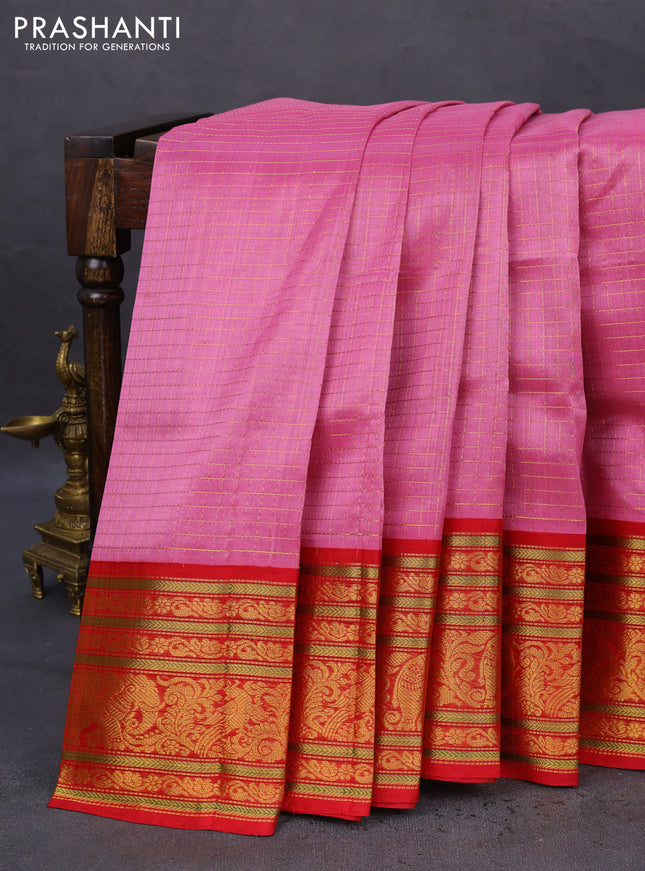 Kuppadam silk cotton saree mauve pink and red with allover zari checked pattern and long zari woven border