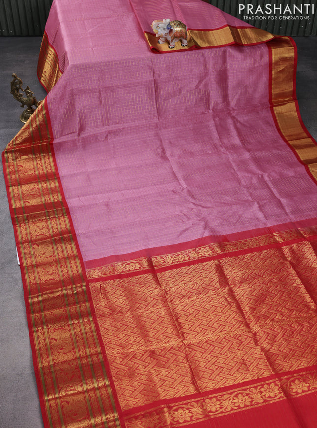 Kuppadam silk cotton saree mauve pink and red with allover zari checked pattern and long zari woven border