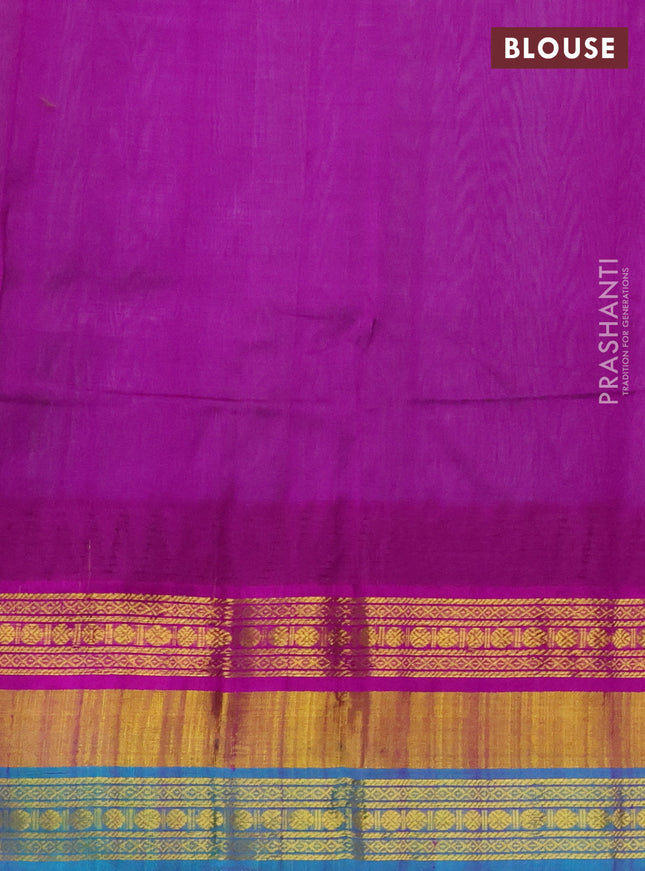 Kuppadam silk cotton saree teal green shade and purple with plain body and temple design zari woven border