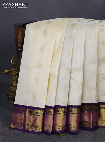 Kuppadam silk cotton saree cream and violet with zari woven rudhraksha buttas and zari woven border