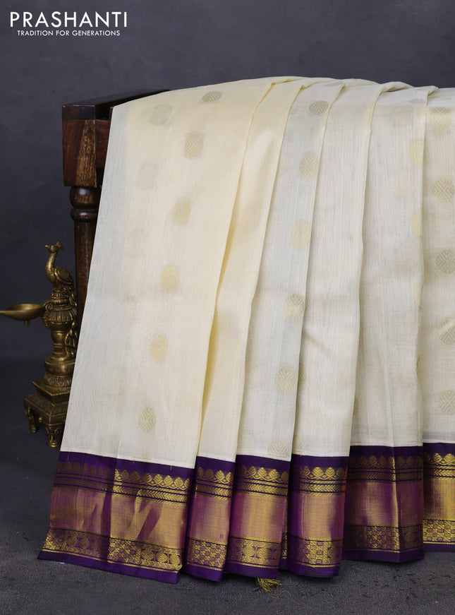 Kuppadam silk cotton saree cream and violet with zari woven rudhraksha buttas and zari woven border