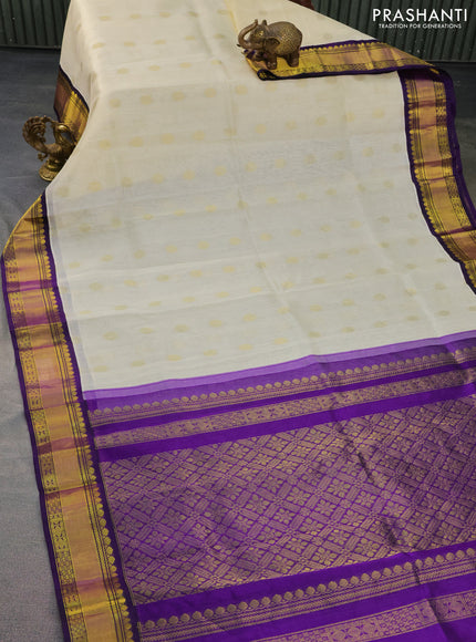 Kuppadam silk cotton saree cream and violet with zari woven rudhraksha buttas and zari woven border