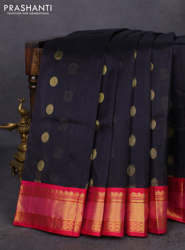 Kuppadam silk cotton saree black and pink with zari woven rudhraksha buttas and zari woven border