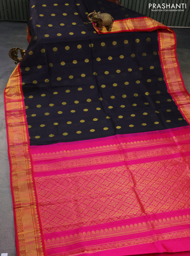 Kuppadam silk cotton saree black and pink with zari woven rudhraksha buttas and zari woven border