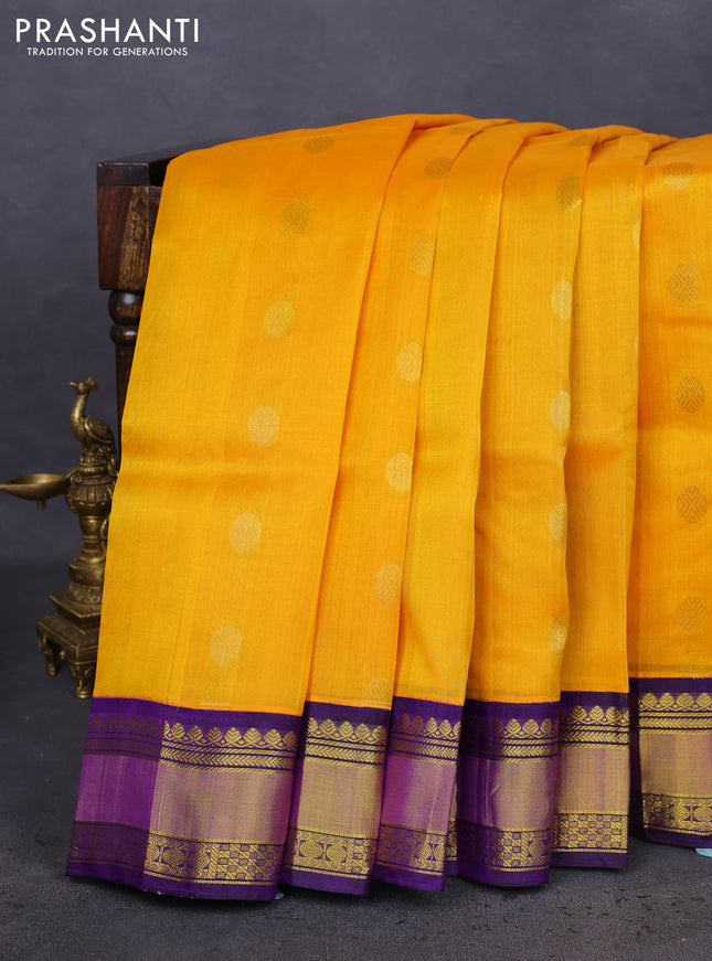 Kuppadam silk cotton saree yellow and violet with zari woven rudhraksha buttas and zari woven border