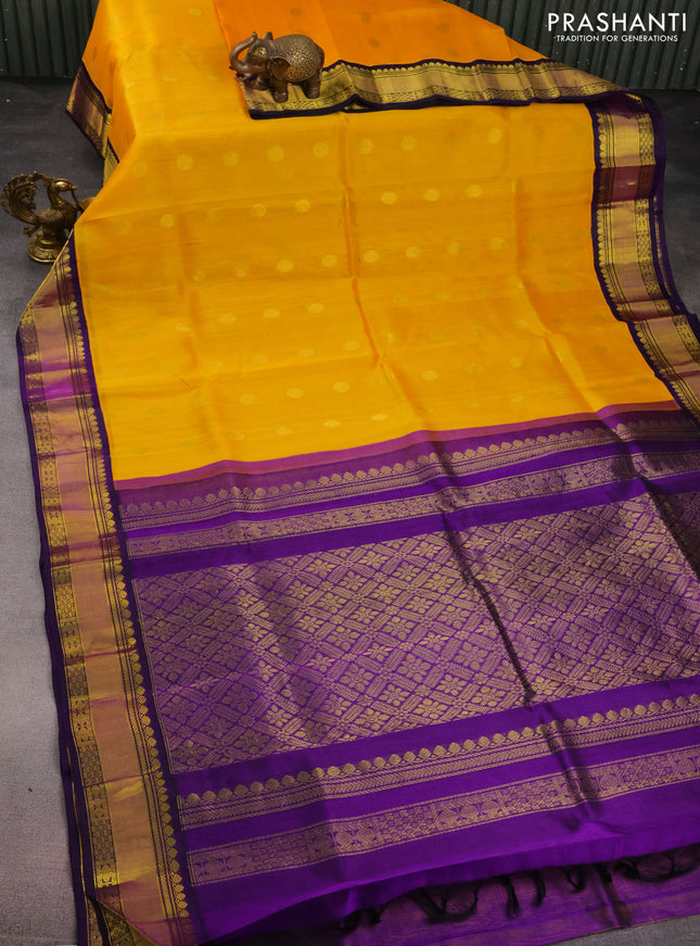 Kuppadam silk cotton saree yellow and violet with zari woven rudhraksha buttas and zari woven border