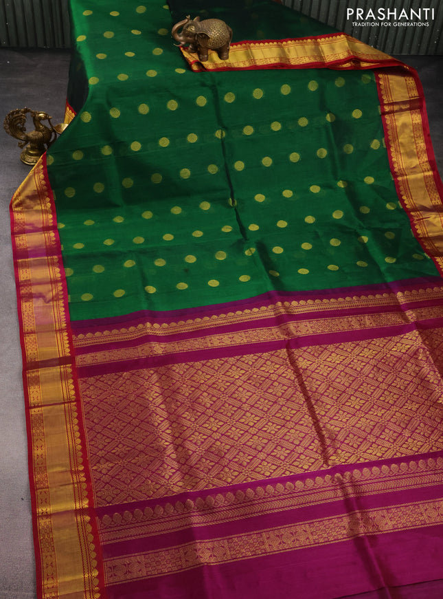 Kuppadam silk cotton saree green and purple with zari woven rudhraksha buttas and zari woven border