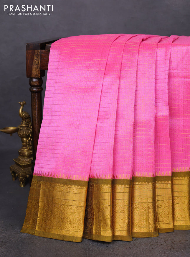 Kuppadam silk cotton saree light pink and mustard green with allover lakshadeepam weaves and zari woven border