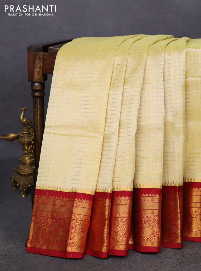 Kuppadam silk cotton saree cream and maroon with allover lakshadeepam weaves and zari woven border