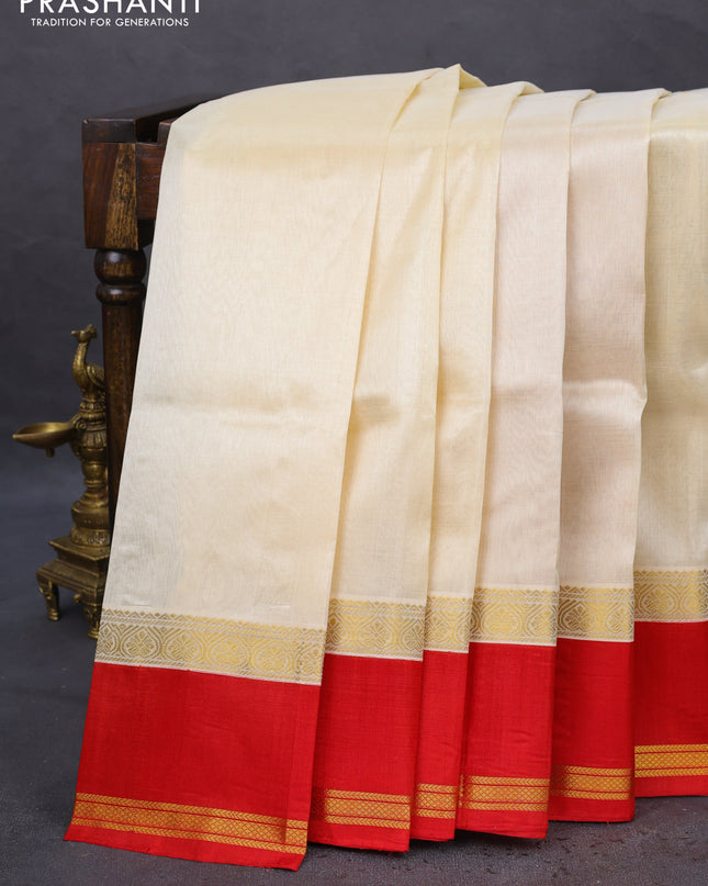 Kuppadam silk cotton saree cream and red with plain body and rettapet zari woven border