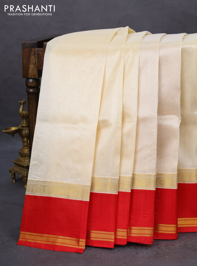 Kuppadam silk cotton saree cream and red with plain body and rettapet zari woven border