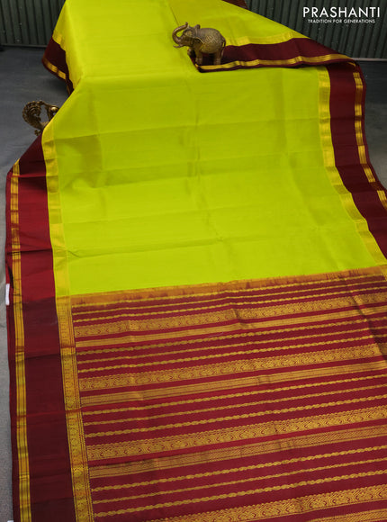 Kuppadam silk cotton saree lime yellow and deep maroon with plain body and rettapet zari woven border