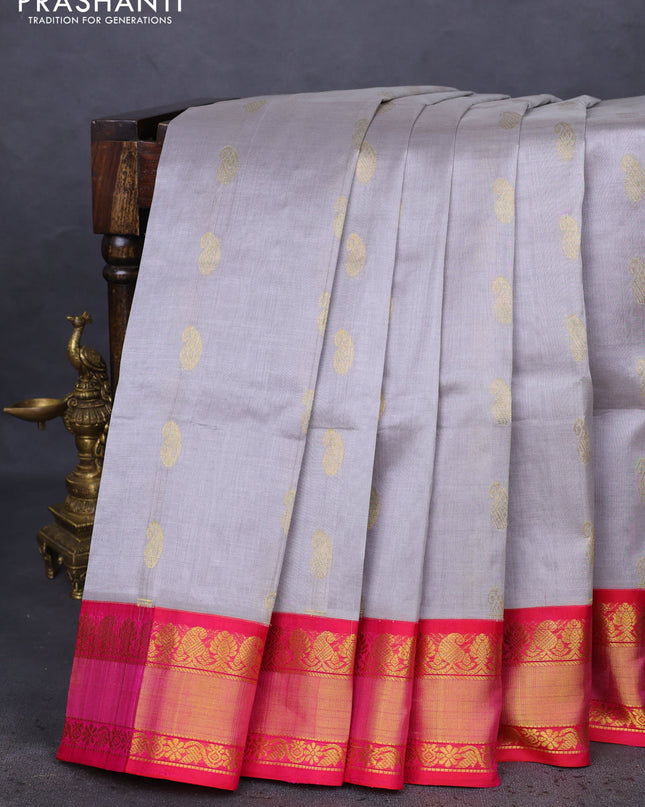 Kuppadam silk cotton saree pastel grey and pink with paisley zari woven buttas and zari woven border