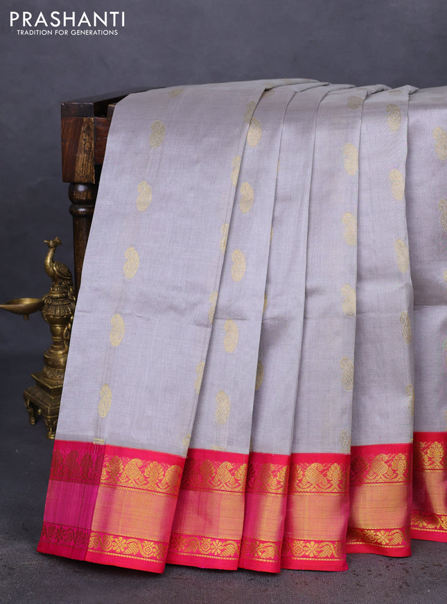 Kuppadam silk cotton saree pastel grey and pink with paisley zari woven buttas and zari woven border