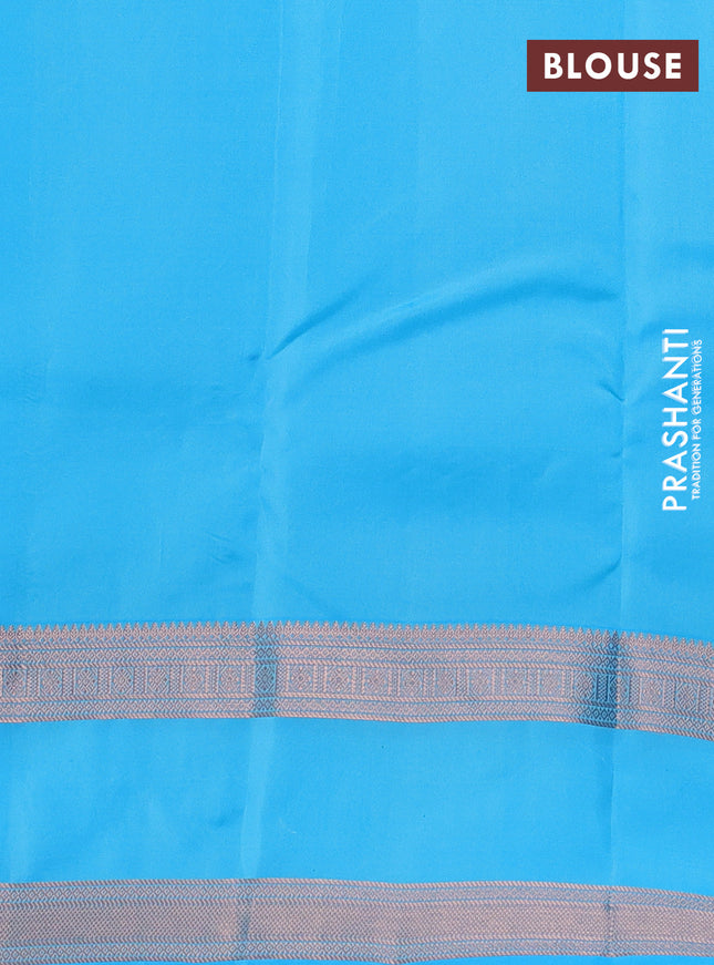 Kanchipuram silk saree teal blue and light blue with allover copper zari weaves & buttas and copper rettapet zari woven border